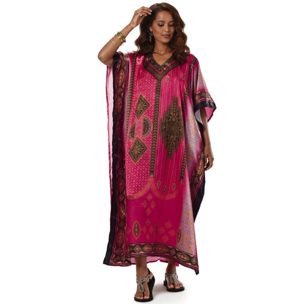 Hot Pink Print Silky Long Caftan One Size NEW
